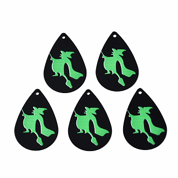 Spray Painted Iron Pendants, Rubberized Style, 3D Printed,  Halloween Witch Print Pattern, Teardrop, Lime Green, 27.5x18x0.5mm, Hole: 1.2mm