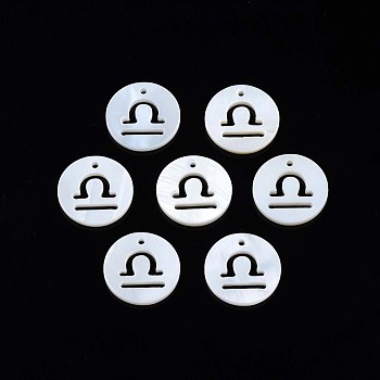 Natural Freshwater Shell Charms, Flat Round with Twelve Constellations, Hollow, Libra, 12x1.5mm, Hole: 0.9mm