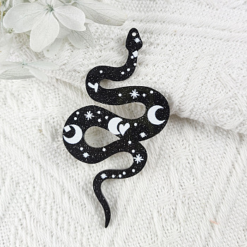 Printed Acrylic Big Pendants, Snake with Moon Pattern Charm, Black, 69x37mm