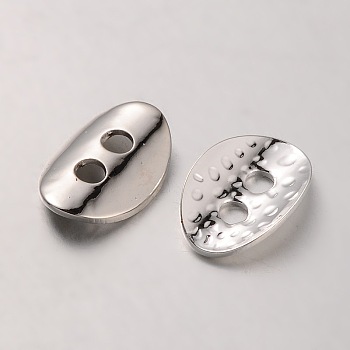 Brass Buttons, 2-Hole, Hammered Oval, Platinum, 14x10x1mm, Hole: 2mm