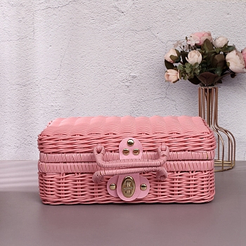 Plastic Imitation Rattan Storage Box, with Handle, Rectangle, Pink, 22x11x17cm