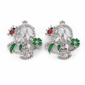 Alloy Pendants, with Enamel and Rhinestone, Platinum, Flower with ladybird, Green, 34x28x7mm, Hole: 2mm