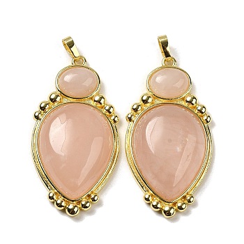 Natural Rose Quartz Pendants, Teardrop Charms with Rack Plating Golden Tone Brass Findings, Cadmium Free & Lead Free, 43.5x22x7.8mm, Hole: 3.2x5.3mm