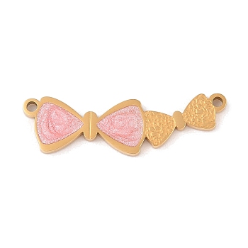 Ion Plating(IP) 304 Stainless Steel Pendants, with Enamel, Bowknot Charm, Golden, Pink, 9x30x2mm, Hole: 1.4mm