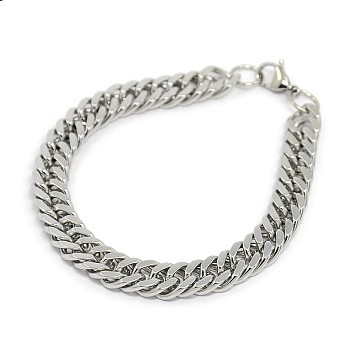 Tarnish Resistant Fashionable 304 Stainless Steel Cuban Link Chain Bracelets, with Lobster Claw Clasps, Faceted, Stainless Steel Color, 8-5/8 inch(220mm), 10mm