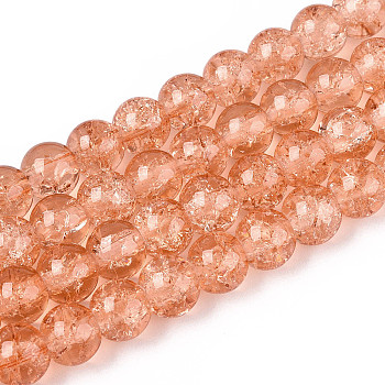 1Strand Light Salmon Transparent Crackle Glass Round Beads Strands, 8mm, Hole: 1.3~1.6mm, about 100pcs/strand, 31.4 inch