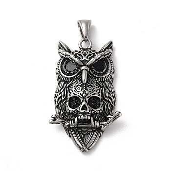 304 Stainless Steel Big Pendants, Owl with Skull Charms, Antique Silver, 51.5x32x11mm, Hole: 9x5mm.