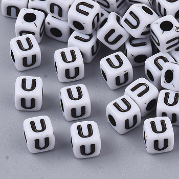White Opaque Acrylic Beads, Horizontal Hole, Cube with Black Alphabet, Letter.U, 4~5x4~5x4~5mm, Hole: 1.8mm, about 6470~6500pcs/500g