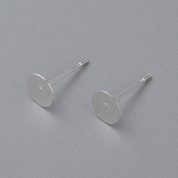 304 Stainless Steel Stud Earring Findings, Flat Round, Silver, 6x0.3mm, Pin: 0.7mm