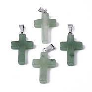 Natural Green Aventurine Pendants, Dyed, with Brass Pinch Bails, Platinum Plated, Cross, 26~30.5x15.5~19.5x4~6mm, Hole: 3x6mm(G-J354-08A)