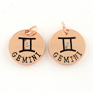 Alloy Pendants, with Rhinestone, Flat Round, with Constellation/Zodiac Sign, Rose Gold, Gemini, 22x2.5mm, Hole: 5.5mm(X-PALLOY-S083-09RG)