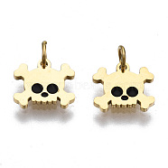 316 Surgical Stainless Steel Enamel Charms, with Jump Rings, Skull, Black, Real 14K Gold Plated, 7x8x1mm, Jump Ring: 3.4x0.5mm, 2.4mm inner diameter(STAS-S116-355G)