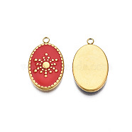 304 Stainless Steel Enamel Pendants, Real 18K Gold Plated, Oval with Sun, Dark Red, 23x14.5x3mm, Hole: 2mm(STAS-N092-157B)