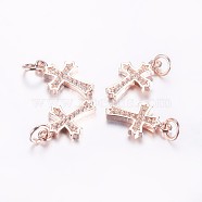 Long-Lasting Plated Brass Micro Pave Cubic Zirconia Pendants, Cross, Real Rose Gold Plated, 15.5x10x2mm, Hole: 3mm(ZIRC-F069-49RG)