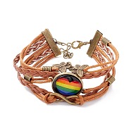Rainbow Pride Bracelet, Heart Pattern Flat Round & Butterfly Links Multi-strand Bracelet for Men Women, Chocolate, Heart Pattern, 7-1/4 inch(18.5cm)(BJEW-F426-01E)