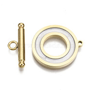 201 Stainless Steel Toggle Clasps, with Enamel, Ring, Real 18K Gold Plated, White, Ring: 22x20x2mm, Hole: 1.5mm, Bar: 21x7x3mm, Hole: 2mm(X-STAS-R115-14A-G)