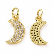 Brass Micro Pave Cubic Zirconia Pendants, Real 18K Gold Plated, with Jump Ring, Moon Charm, Clear, 14x8x1.5mm, Hole: 3.2mm(KK-E068-VF049)