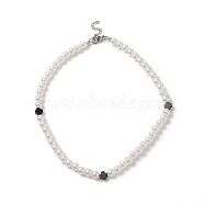 Natural Black Onyx Cross & Acrylic Imitation Pearl Beaded Necklace for Women, White, 17.32 inch(44cm)(NJEW-JN04218)