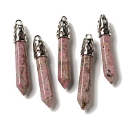 Natural Rhodonite Pointed Big Pendants, Faceted Bullet Charms with Rack Plating Platinum Plated Brass Findings, 56~65x11~11.5x10~10.5mm, Hole: 4X3mm(G-Z055-01P-20)