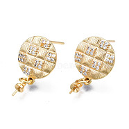 Brass Micro Pave Cubic Zirconia Stud Earring Findings, with 925 Sterling Silver Pins and Cup Peg Bails, for Half Drilled Bead, Cadmium Free & Nickel Free & Lead Free, Grooved Flat Round, Real 18K Gold Plated, 21x12mm, Pin: 0.7mm, Pin: 0.7mm(for half drilled beads)(KK-N233-136)