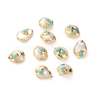 Natural Cultured Freshwater Pearl Beads, with Golden Plated Brass Edge and Natural Turquoise, Mixed Shapes, Golden, 22~27x18~21x11~16mm, Hole: 0.7mm(PEAR-G008-07G)