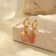 Retro Minimalist Natural Cherry Quartz Glass Stainless Steel Hoop Earrings, Star, Real 18K Gold Plated, 39x15mm(PW8328-4)