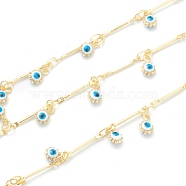 Golden Brass Bar Link Chain, with Enamel Evil Eye Charms, Long-Lasting Plated, with Spool, Soldered, White, 6.5x4x2.5mm, 10m/roll(CHC-H103-17A-G)