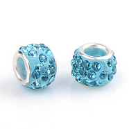 Polymer Clay Rhinestone European Beads, Large Hole Beads, Rondelle, with Silver Color Plated Brass Cores, Aquamarine, 10~12x7~8mm, Hole: 5mm, Rhinestone: pp17((2.3~2.4mm)(CPDL-S007-03)