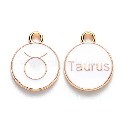 Alloy Enamel Pendants, Cadmium Free & Lead Free, Flat Round with Constellation, Light Gold, White, Taurus, 22x18x2mm, Hole: 1.5mm(X-ENAM-S124-01A-04C)