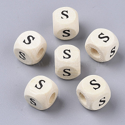 Printed Natural Wood Beads, Horizontal Hole, Cube with Initial Letter, PapayaWhip, Letter.S, 10x10x10mm, Hole: 3.5mm(X-WOOD-T026-001S)