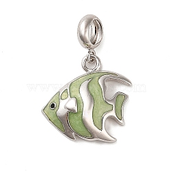 Rhodium Plated 925 Sterling Silver Enamel European Dangle Charms, Large Hole Fish Charms, Platinum, Dark Sea Green, 22.5mm, Hole: 4.5mm(STER-P062-01B-04)