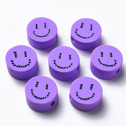 Handmade Polymer Clay Beads, for DIY Jewelry Crafts Supplies, Flat Round with Smiling Face, Medium Slate Blue, 9x4~5mm, Hole: 1.6mm(CLAY-N008-031F)