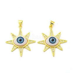 Real 18K Gold Plated Brass Pendants, with Cubic Zirconia and Acrylic, Evil Eye, 32x28.5x6mm, Hole: 4.5x3.5mm(KK-L209-002G-03)