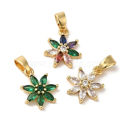 Brass Micro Pave Cubic Zirconia Pendants, Real 18K Gold Plated, Flower, Mixed Color, 13x11x3mm, Hole: 5x3mm(KK-R162-051G)