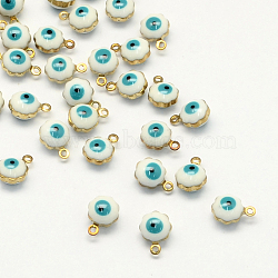 Golden Tone Brass Enamel Charms, Flower with Eye, White, 9x7x5mm, Hole: 1mm(KK-Q571-05D)