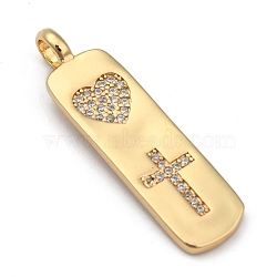 Brass Micro Pave Clear Cubic Zirconia Pendants, Long-Lasting Plated, Rectangle with Heart & Cross, Real 18K Gold Plated, 32x8.5x1.5mm, Hole: 3mm(ZIRC-A013-23G)