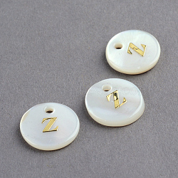 Freshwater Shell Pendants, Flat Round with Gold Blocking Letter.Z, 11.5x2mm, Hole: 1.5mm(SSHEL-S249-Z)