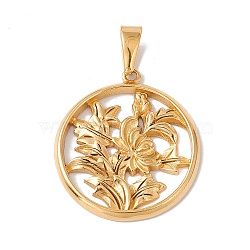 Vacuum Plating 304 Stainless Steel Pendants, Flat Round with Flower Charm, Golden, 36x32x3mm, Hole: 10x4.5mm(STAS-H170-15G)