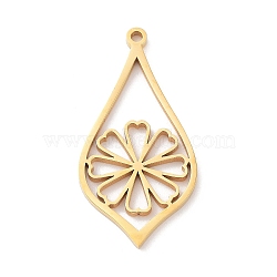 304 Stainless Steel Pendants, Laser Cut, Golden, Leaf with Flower Charm, 32x16x1mm, Hole: 1.5mm(STAS-G319-01C)
