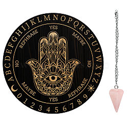 AHADEMAKER 1Pc Cone/Spike/Pendulum Natural Rose Quartz Stone Pendants, 1Pc 304 Stainless Steel Cable Chain Necklaces, 1Pc PVC Custom Pendulum Board, Dowsing Divination Board, Hamsa Hand Pattern, 3pcs/set(DIY-GA0004-24E)