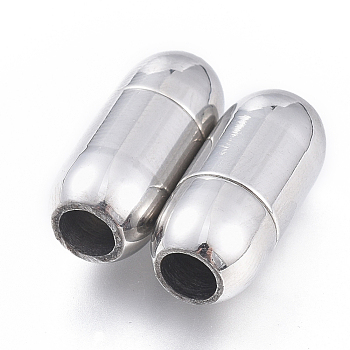 304 Stainless Steel Magnetic Clasps with Glue-in Ends, Column, Stainless Steel Color, 17x8x8mm, Hole: 4mm