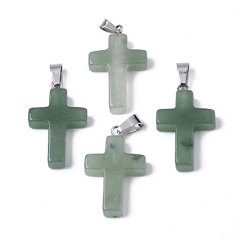 Natural Green Aventurine Pendants, Dyed, with Brass Pinch Bails, Platinum Plated, Cross, 26~30.5x15.5~19.5x4~6mm, Hole: 3x6mm