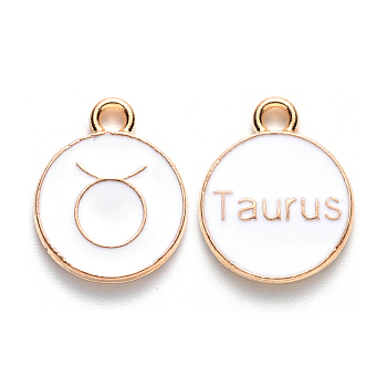 Alloy Enamel Pendants, Cadmium Free & Lead Free, Flat Round with Constellation, Light Gold, White, Taurus, 22x18x2mm, Hole: 1.5mm