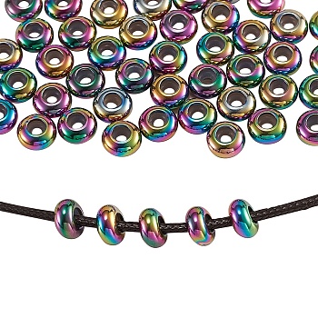 Ion Plating(IP) 304 Stainless Steel Beads, with Rubber Inside, Slider Beads, Stopper Beads, Rondelle, Rainbow Color, 8x4mm, Hole: 4mm, 50pcs/box