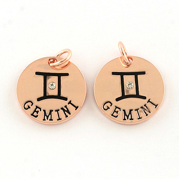 Alloy Pendants, with Rhinestone, Flat Round, with Constellation/Zodiac Sign, Rose Gold, Gemini, 22x2.5mm, Hole: 5.5mm