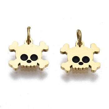 316 Surgical Stainless Steel Enamel Charms, with Jump Rings, Skull, Black, Real 14K Gold Plated, 7x8x1mm, Jump Ring: 3.4x0.5mm, 2.4mm inner diameter