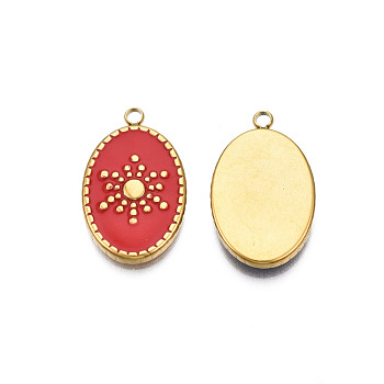 304 Stainless Steel Enamel Pendants, Real 18K Gold Plated, Oval with Sun, Dark Red, 23x14.5x3mm, Hole: 2mm