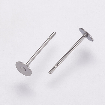 304 Stainless Steel Stud Earring Settings, Flat Pad Earring Post, Flat Round, Stainless Steel Color, Tray: 4mm, 12x4mm, Pin: 0.7mm