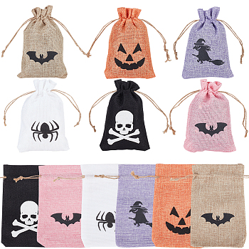 24Pcs 6 Colors  Halloween Burlap Packing Pouches Drawstring Bags, Rectangle with Bat & Pumpkin & Spider & Witch & Skull Pattern, Mixed Patterns, 15x9.4x0.5cm, 4pcs/color