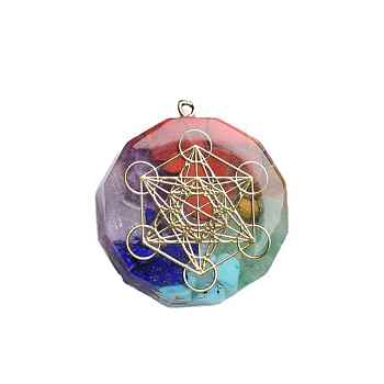 7 Chakra Gemstone Orgone Pendants, Reiki Healing Crystal Resin Polygon Charms with Metal Good Luck Yoga Slice, Colorful, 35x10mm